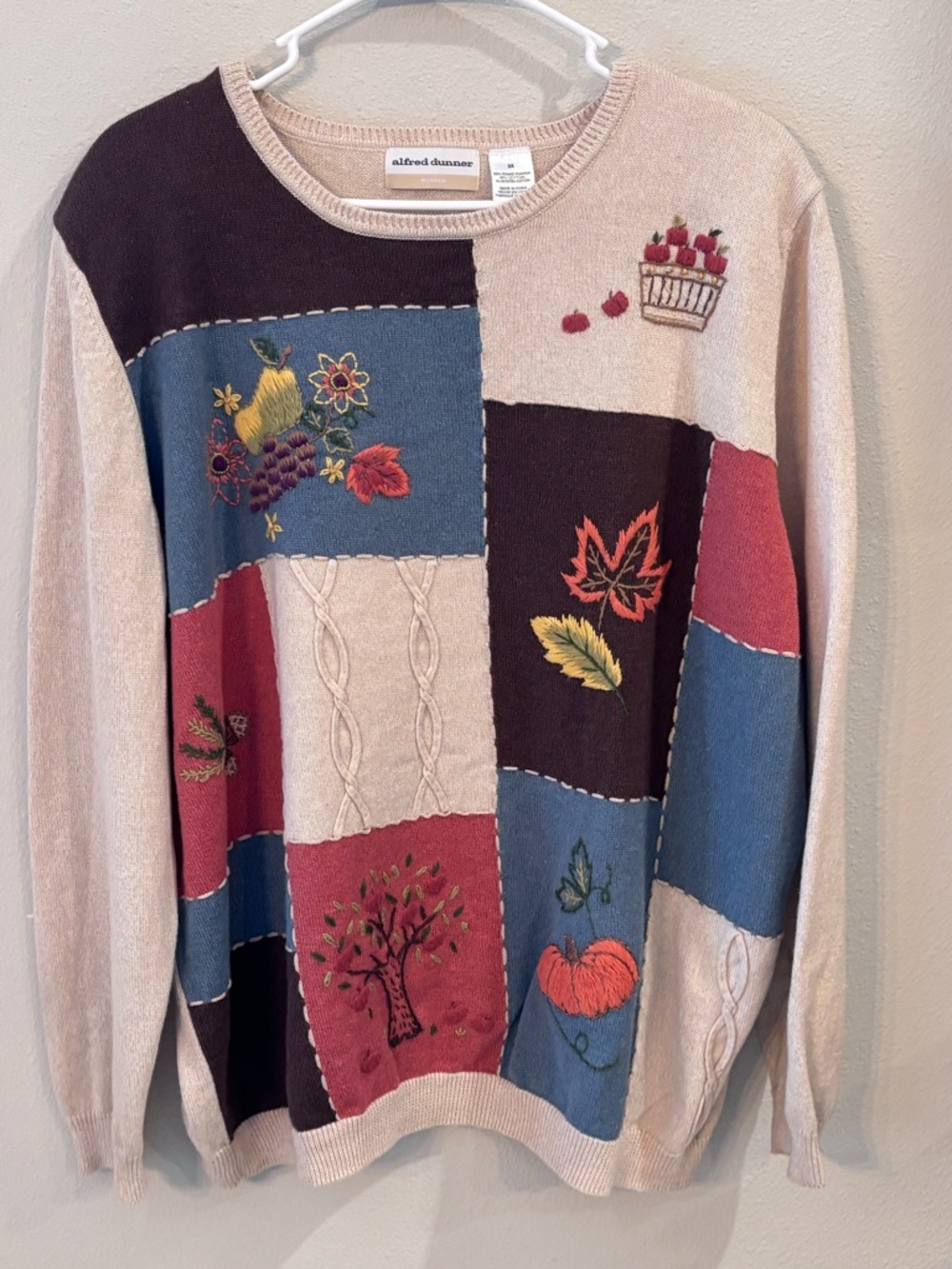 Alfred Dunner Multicolor Patchwork Crewneck Sweater, Fall themed. Women’s 3X